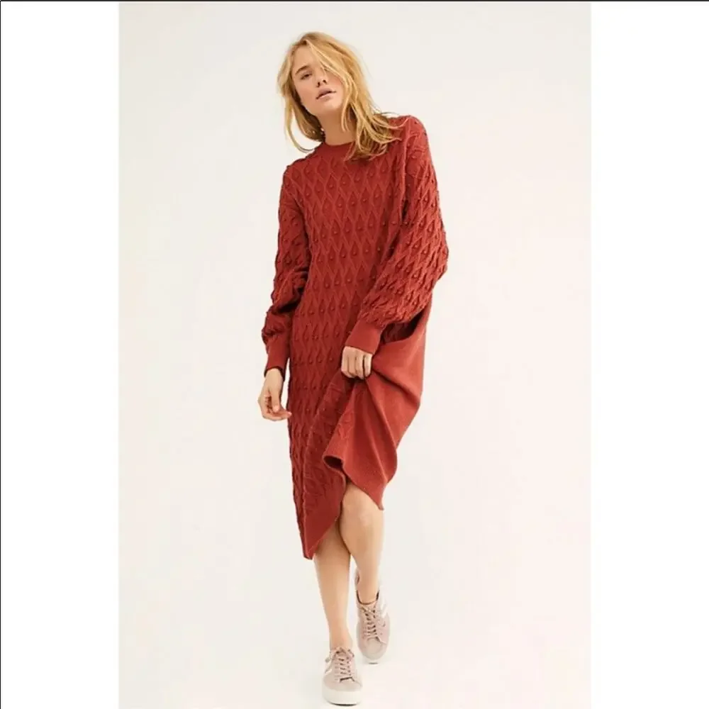 FREE PEOPLE Womens Oversized Nicole Sweater Midi Dress in Rust Red Size XS